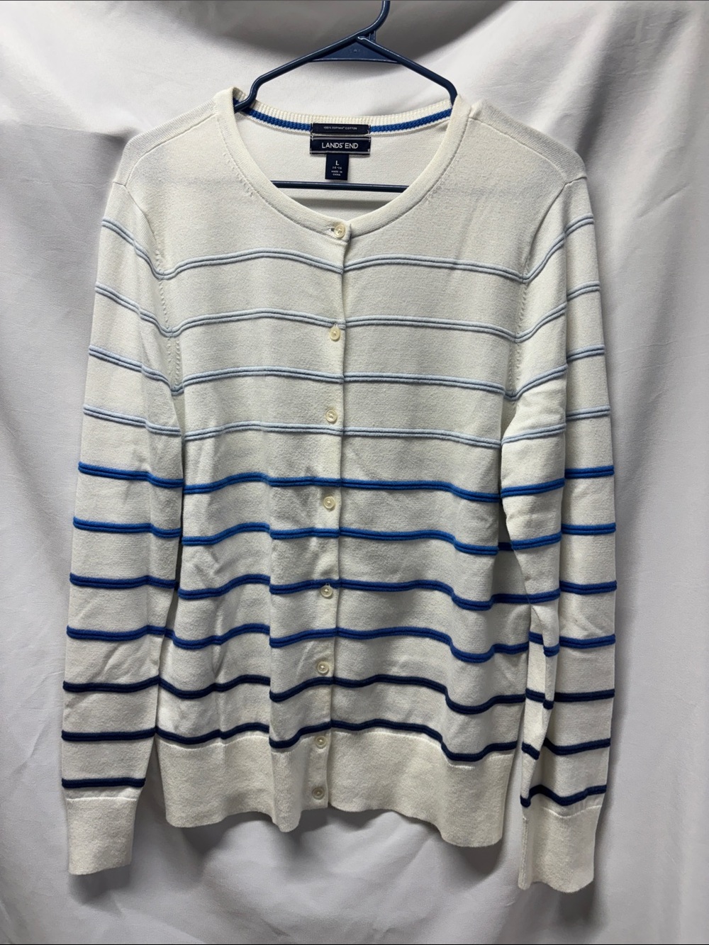 Lands' End Womens White Cardigan with Blue Stripe Accents